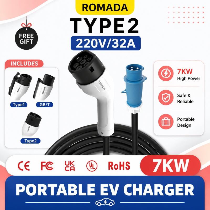 7KW ROMADA Electric Vehicle Po - Portable Ev Charger 32A Type 2 Cee Plug recension och pris